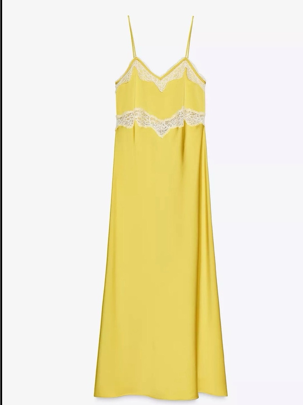 Brand New Size M
Zara Yellow Slip Dress with White Lace Trim